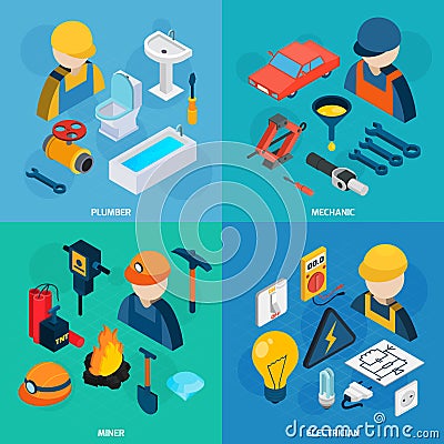 Technic Professions Isometric Icon Set Vector Illustration