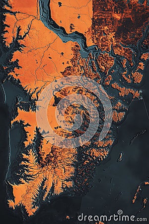 Technical aerial view of satellite-rendered GIS map featuring elevation contours topographical features and a heatmap use. Stock Photo