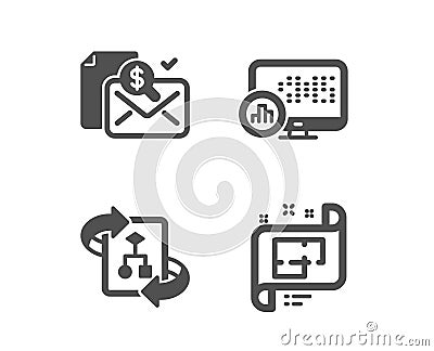 Technical algorithm, Accounting report and Report statistics icons. Architectural plan sign. Vector Vector Illustration
