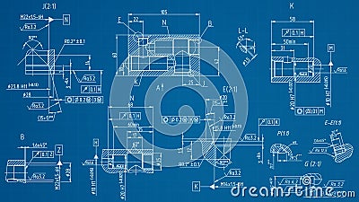 Technical background. Vector sketch. Set of cut parts with holes and grooves. Typical engineering views of parts elements Vector Illustration