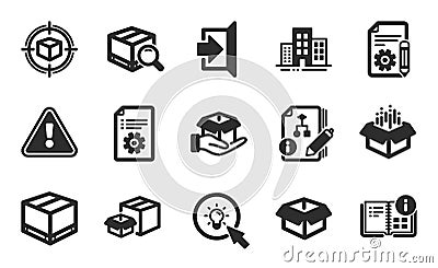 Technical documentation, Search package and Exit icons set. Algorithm, Documentation and Open box signs. Vector Vector Illustration