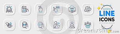 Technical documentation, Yoga and Bid offer line icons for web app. Pictogram icon. Vector Stock Photo