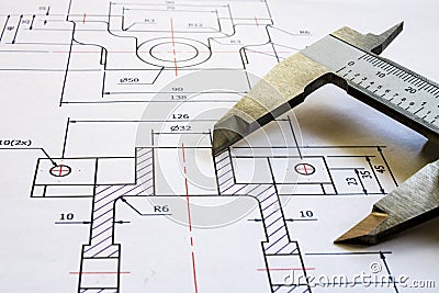 Technical drawing with calipers Stock Photo