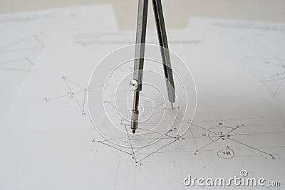Technical drawing with drafting compass, paper Stock Photo