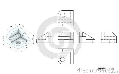 Technical drawing with orthographic views from 3D model. First angle projection method. Part of a series. Stock Photo