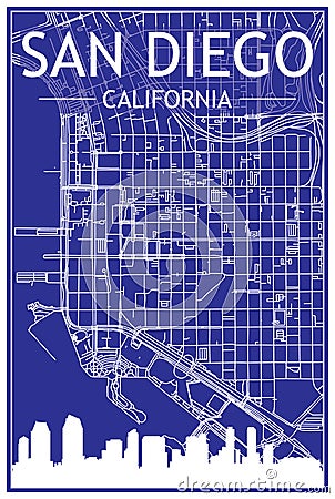 Hand-drawn panoramic city skyline poster with downtown streets network of SAN DIEGO, CALIFORNIA Vector Illustration