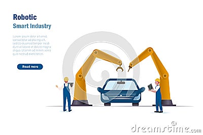 Technical engineers monitor and control rototics automation arms in car automotive production line. Smart factory using artificial Vector Illustration