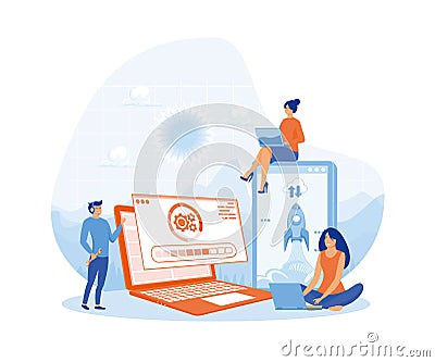 Technical error and service. Computer laptop screen with updating progress bar. Vector Illustration