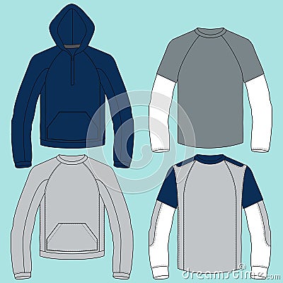 Technical fashion illustration Unisex Hoodie. Set of Hoodie Sweatshirt planetary technical drawing fashion, pocket, zipper, front Vector Illustration