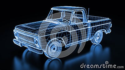 Glowing Wireframe of a Pickup Truck Cartoon Illustration