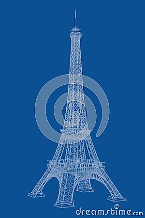 Technical Illustration of Wire-frame Style Eiffel Tower Blueprint. 3d Rendering Stock Photo