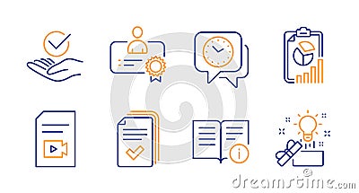 Technical info, Handout and Report icons set. Certificate, Approved and Clock signs. Vector Vector Illustration