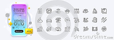 Technical info, Skyscraper buildings and Lighthouse line icons for web app. Pictogram icon Vector Stock Photo
