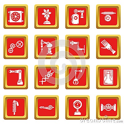 Technical mechanisms icons set red square vector Vector Illustration