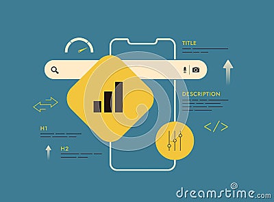 Technical SEO optimization, on-page SEO, website performance tuning, search engine ranking factors, h1 meta tags, title Vector Illustration