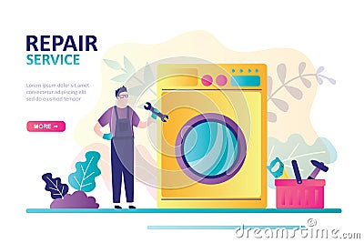 Technical service worker repairing washing machine. Landing page on theme repair service. Plumber in uniform holds wrench Vector Illustration