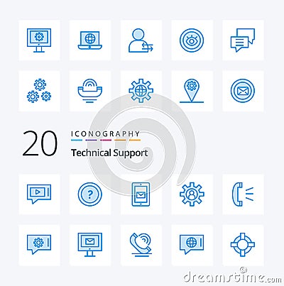 20 Technical Support Blue Color icon Pack like answer service support employee support Vector Illustration
