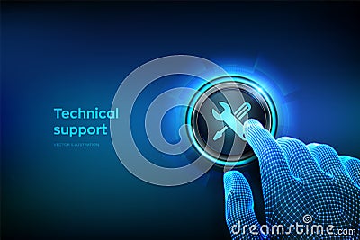 Technical support button. Closeup finger about to press a button. Customer help. Tech support. Customer service, Business and Cartoon Illustration