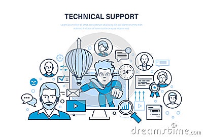 Technical support, call center, consultation, information technology, system consulting clients. Vector Illustration