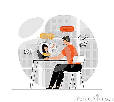 Technical support, call center. Customer service concept. Hotline operator consulting with customer on computer. Illustration Vector Illustration