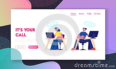Technical Support, Call Center Website Landing Page. Customer Service Staff in Headset Working on Computers Vector Illustration