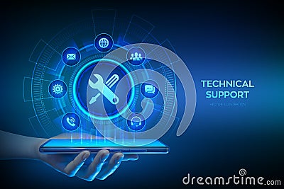 Technical support. Customer help. Tech support application interface on virtual screen. Customer service, Business and technology Vector Illustration