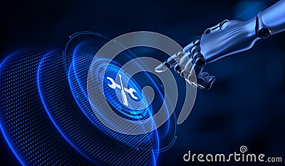 Technical support customer service guarantee quality assurance. Robot hand pressing button 3d render. Stock Photo