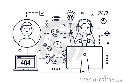 Technical support manager wearing headphones with microphones sitting at computer and consulting customers. Online Vector Illustration