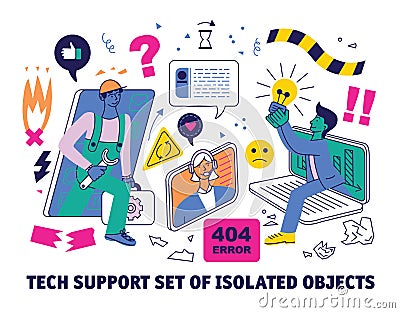 Technical support manager workers set isolated objects Vector Illustration