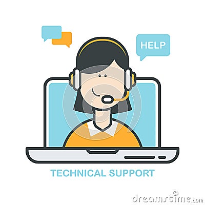 Technical support. Online help agent. Customer support call center, female hotline operator, online assistant. Vector Illustration