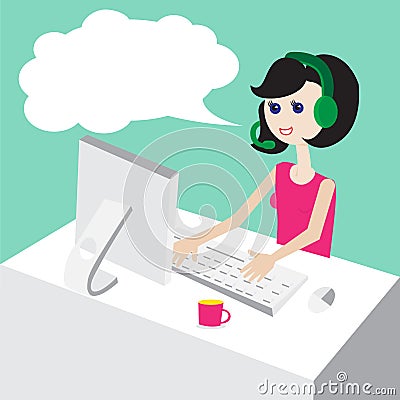 Technical support by phone, woman with headset, flat design-illustration Stock Photo