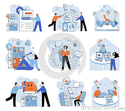 Technical support. Professionals in field technology employ various techniques to solve complex problems Vector Illustration