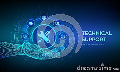 Technical support in robotic hand. Customer help. Tech support. Customer service, Business and technology concept. Vector Cartoon Illustration