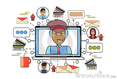 Technical Support Service Man In Headphones Computer Workplace Desktop Business Elements On Background Vector Illustration