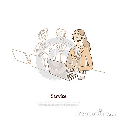 Technical support workers team, assistant in headset, sales manager, customer service, call center banner Vector Illustration