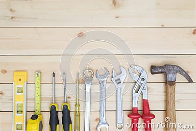 Technical tooling concept on wooden table background. Stock Photo