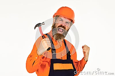 Technical work. Impulse for changes. Bearded mature man in uniform. Guy with hammer. Good hammer. Essential tips for Stock Photo