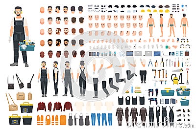 Technical worker creation kit. Set of flat male cartoon character body parts, skin types, facial gestures, clothing Vector Illustration