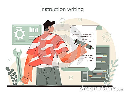 Technical writer concept. User manual tutorial writing. Guidebook Vector Illustration