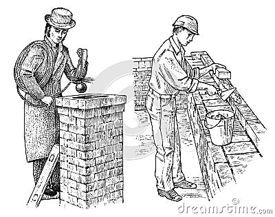 Technician Bricklayer and Man builder on the roof of the house. Gentleman and Worker Engineer in the helmet make repairs Vector Illustration