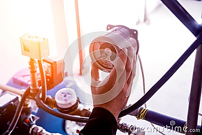 Technician checking water system nodes.Modern Industrial background Stock Photo