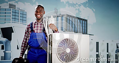 Technician Cleaning And Repairing Air Condition Appliance Stock Photo