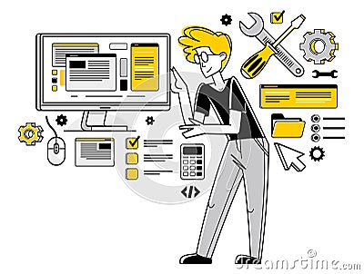 Technician computer engineer repairing pc vector outline illustration, fixing system work with software and hardware, system Vector Illustration