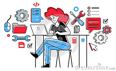 Technician computer engineer woman repairing pc vector outline illustration, fixing system work with software and hardware, system Vector Illustration