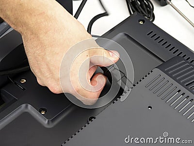 Technician Connects Computer Stock Photo