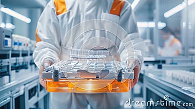 Technician displaying a high voltage electric vehicle battery module in a modern lab setting, emphasizing technological Stock Photo