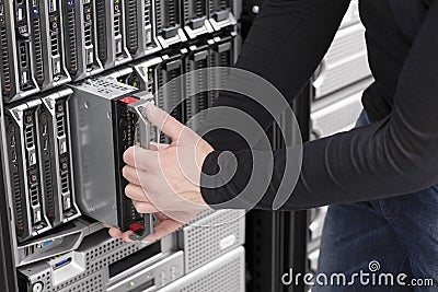 IT Engineer maintain Blade Server in Data Center Stock Photo