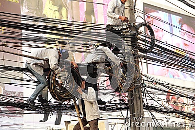 Technician installation phone line Editorial Stock Photo