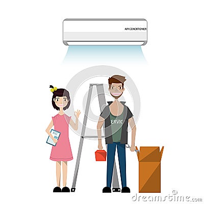 Technician Installing electronics. Air conditioner unit repair and installing Vector Illustration