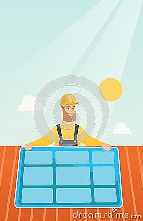 Technician installing solar panel. Vector Illustration